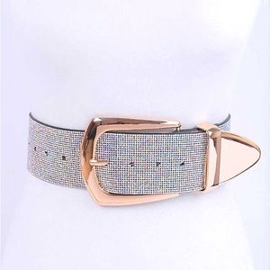 Rhinestone Gold Buckle Wide Waist Statement Belt